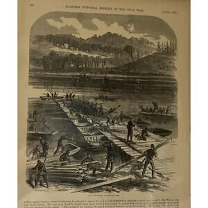 Antique Wood Engraving Civil War 1863 Laying The Pontoons Harper’s Military
